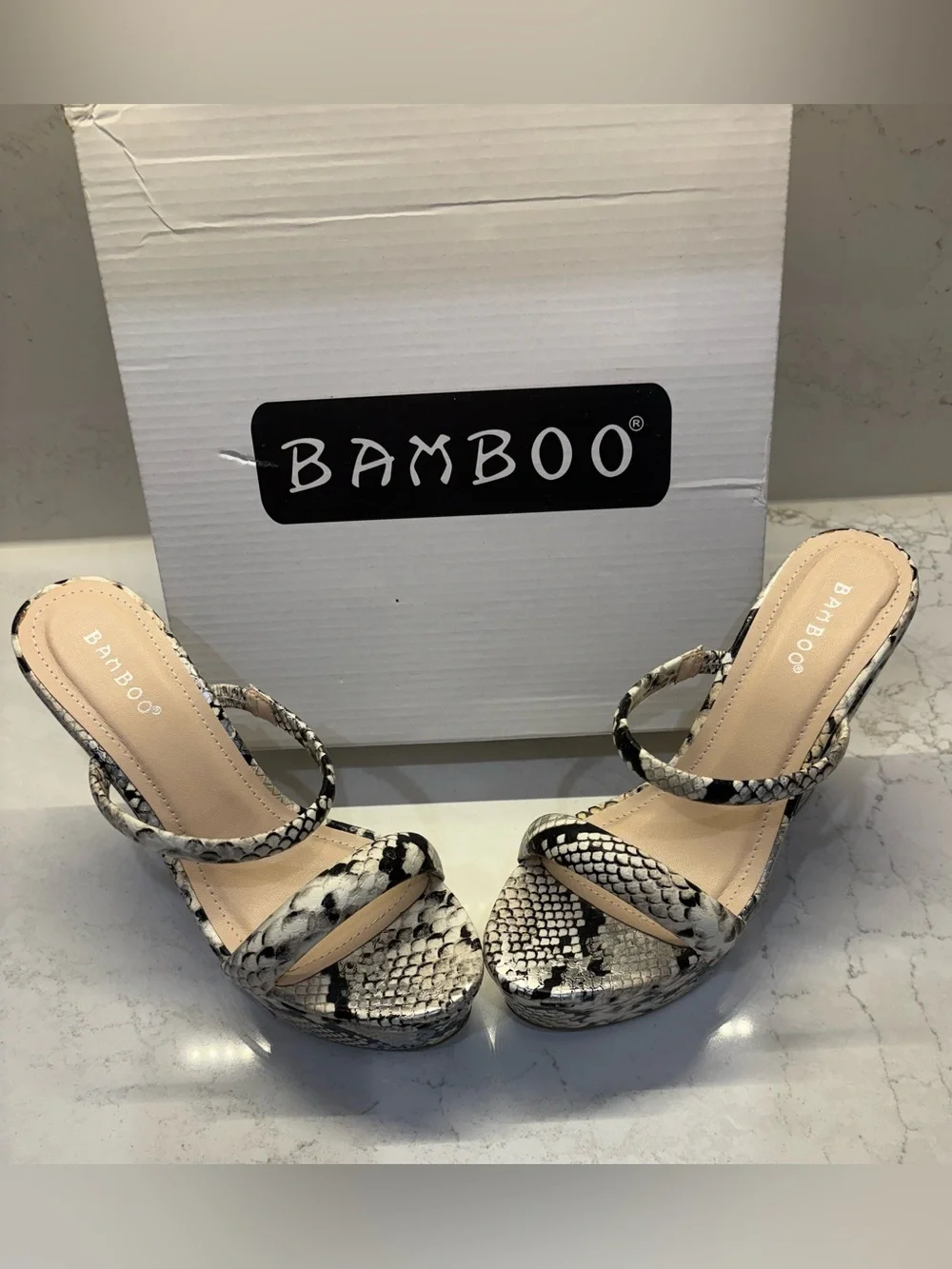 BAMBOO Snake-Print Platform Sandals in Black & White